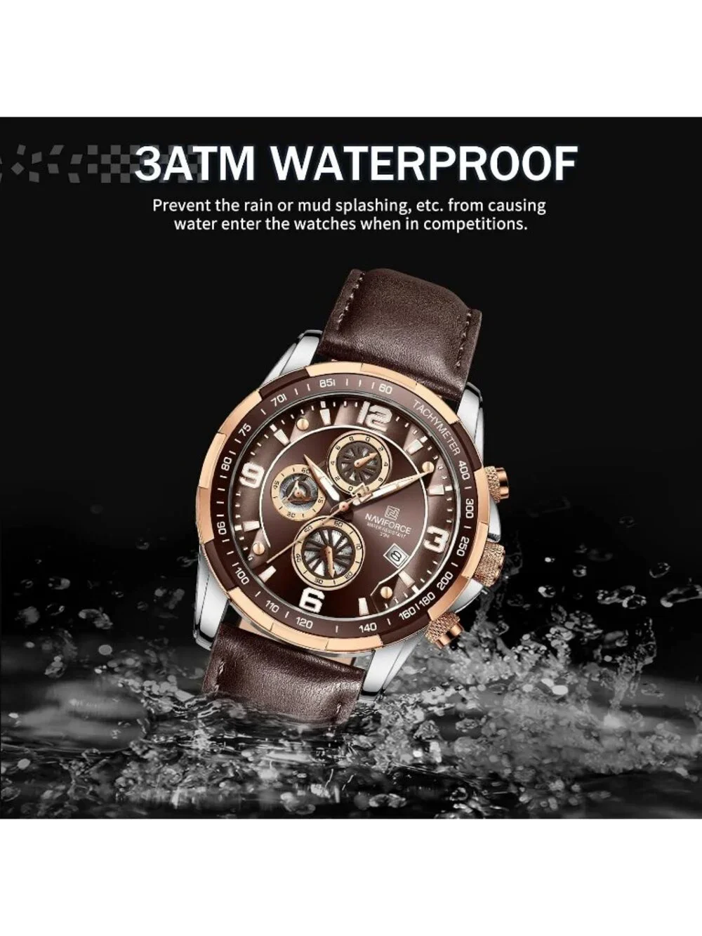 Men's Coffee Analog Quartz Chronograph Leather Strap Sport Fashion Wrist Watch